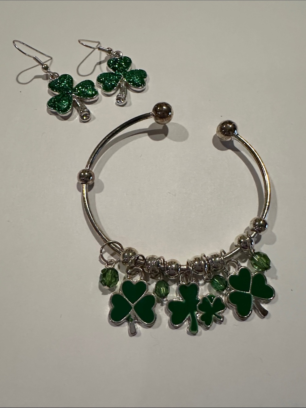 Shamrock Charm Bangle Bracelet and Earrings Set